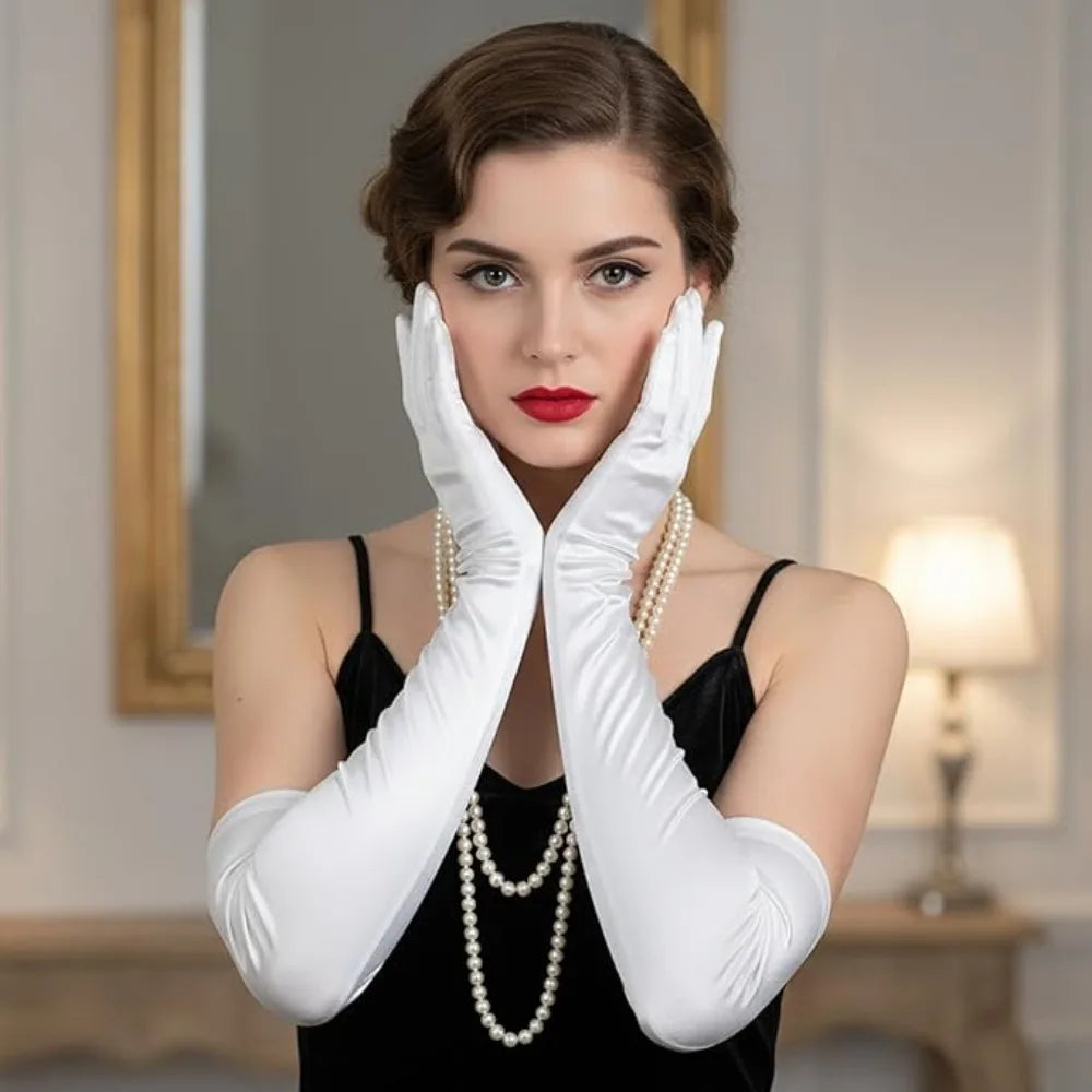 1 Pair Women Long Gloves with Satin, White Opera Glove, for Wedding 1920s Opera Tea Party Costumes Bridal Evening Dress Up Qme