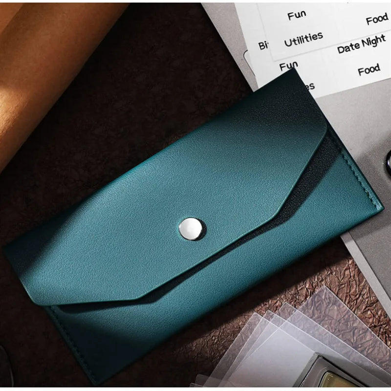 Men’s Ultra Thin Portable Cash Envelope Wallet Wear Resistant PU Leather Money Binder Organizer with Name Card Holder Qme Deep Green