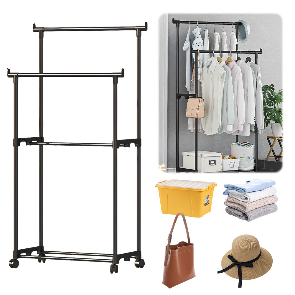 Double Rods Garment Rack Portable Clothes Organizer Clothes Rack with Wheels Clothes Hanging Rack for Shirt Coat Qme