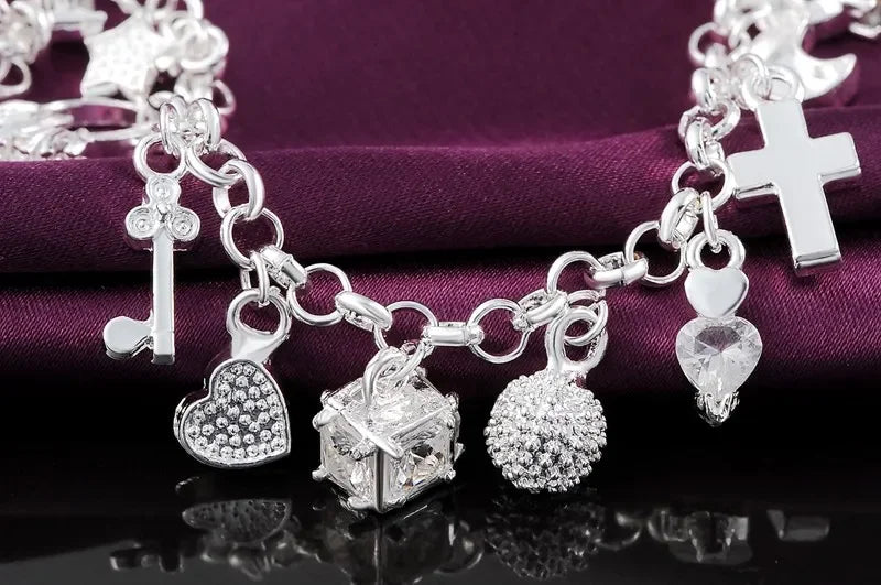 925 Sterling Silver Bracelets for Woman Men Crystal Heart Star Cross Wedding Party Christmas Gift Fashion Jewelry Qme