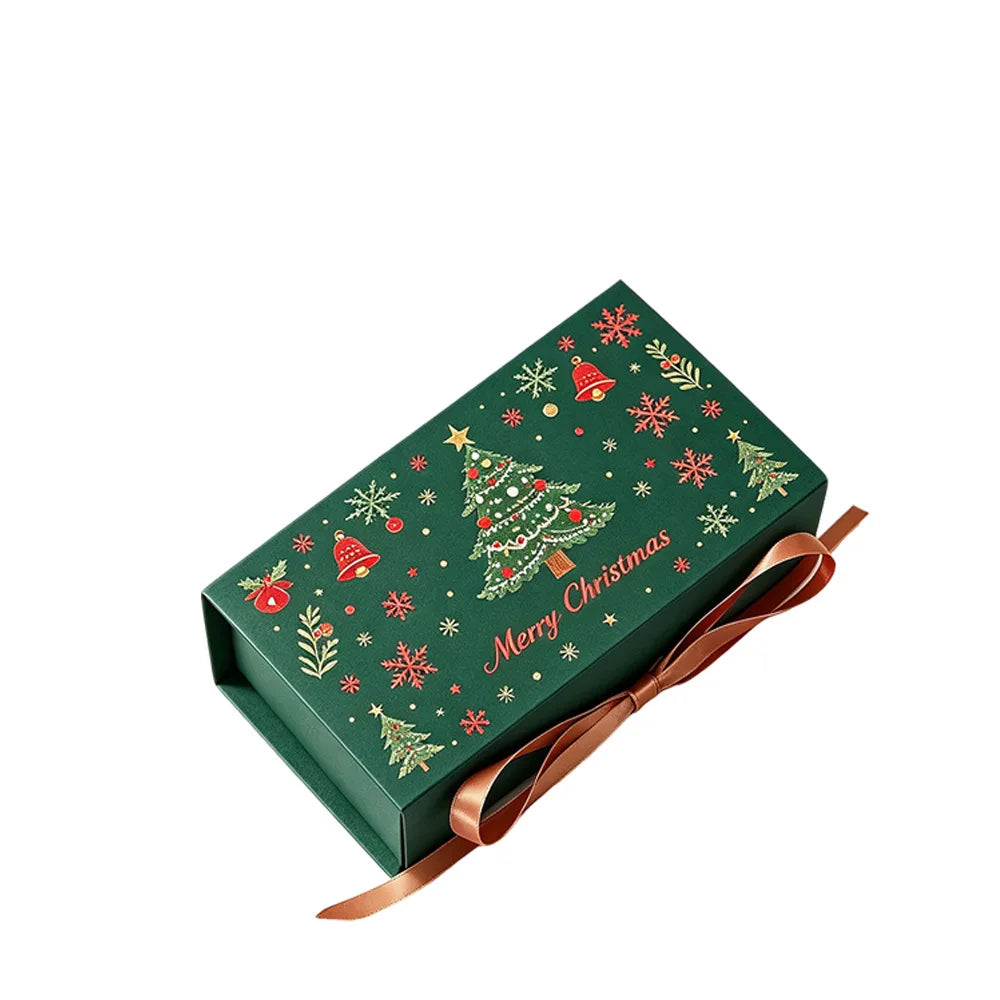 10pcs Merry Christmas Gift Boxes with Ribbon, Xmas Tree Snowflake Printed , Packaging Box for Holiday Biscuit Wedding Favor Qme