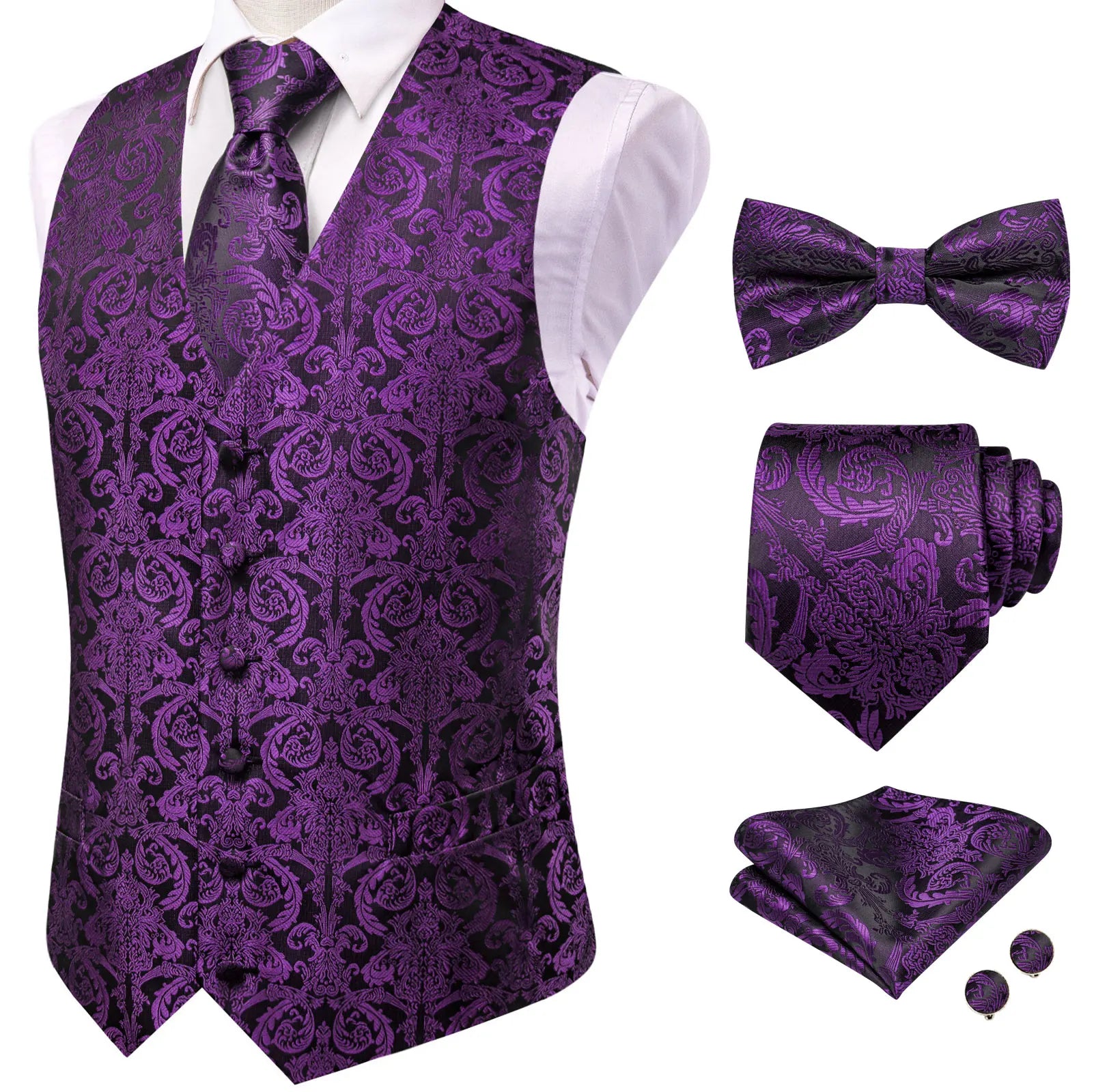 Classic Purple Printed V-Neck Waistcoat 5 In 1 Men Formal Dress Matching Accessories Qme HT-MJTZ0133 S