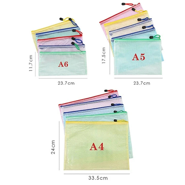 5PCS Stationery Storage Folder File Mesh Zipper Pouch A4/A5/A6 Document Bag Zip File Folders School Office Supplies Qme mix set
