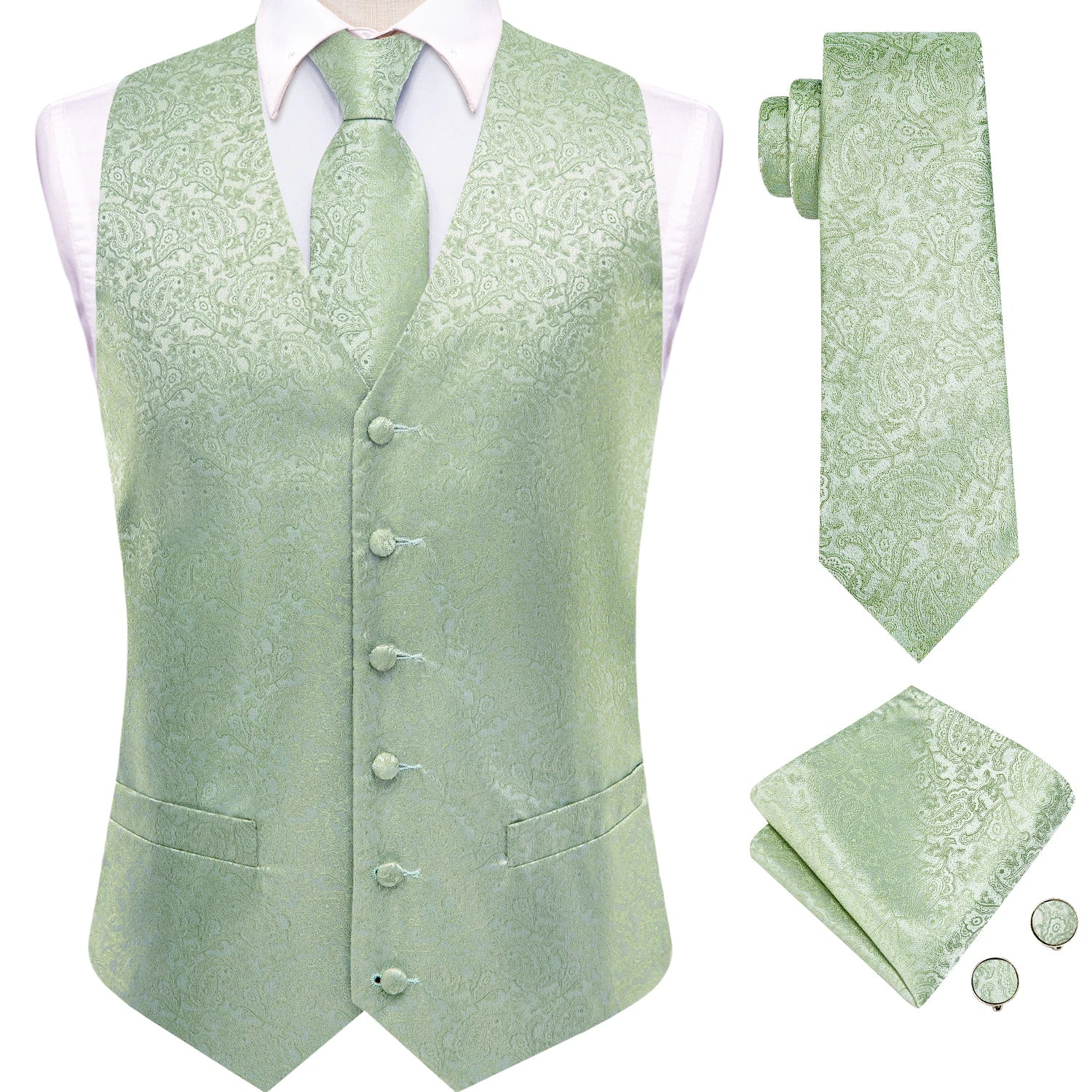 Men's Paisley Vest Tie Hanky Cufflinks Formal Mint Green Beige Qme MJ-3527 S