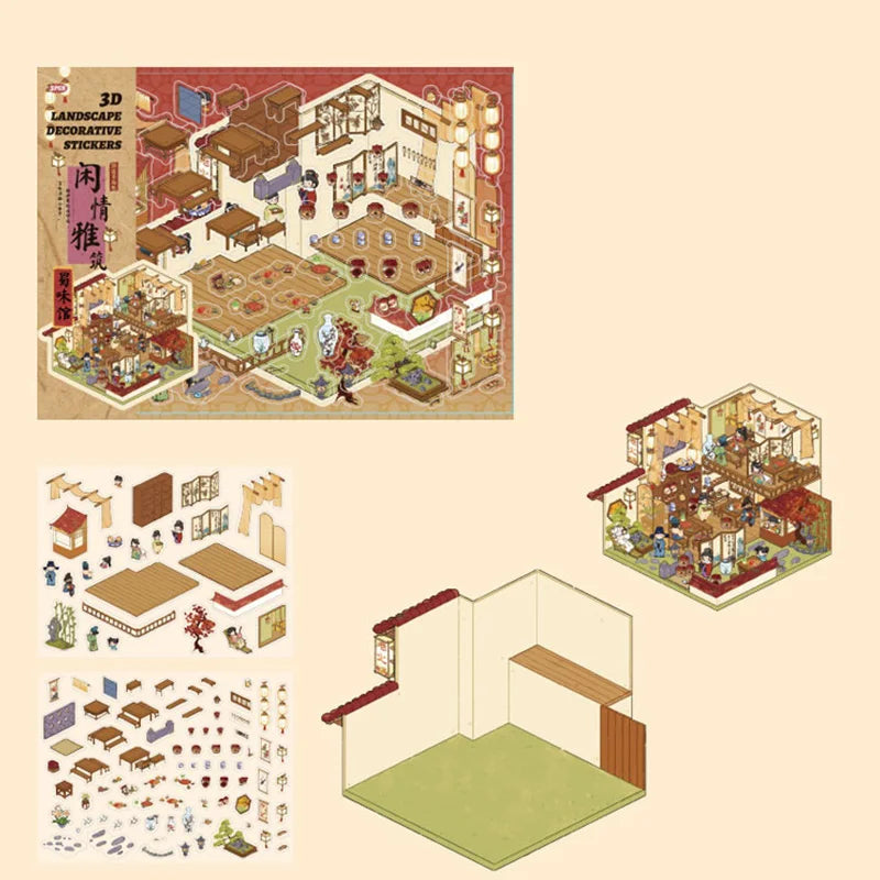 3D Landscape Stickers Chinese Style Vintage Cute Kawaii Scrapbook DIY & Handbook Decoration for Phone Case Notebook Qme 3