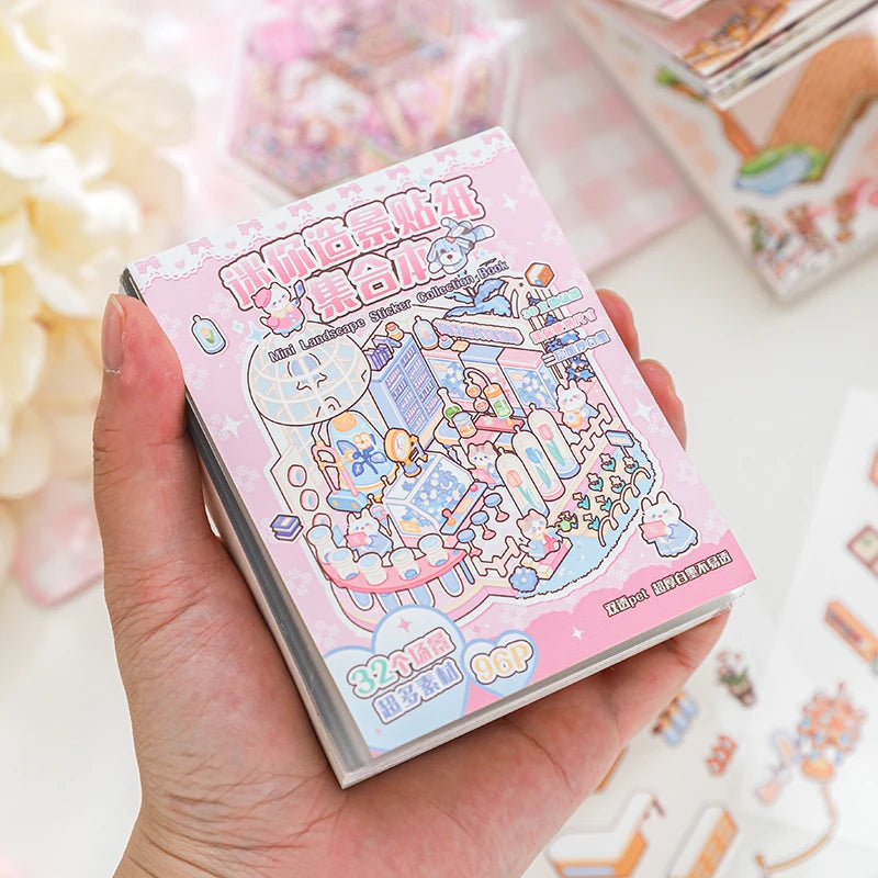 TIANZI 24/96 Pcs 3D Cartoon Landscape Sticker Book DIY Scrapbooking Aesthetic Stationery Stress Relief for Students Qme