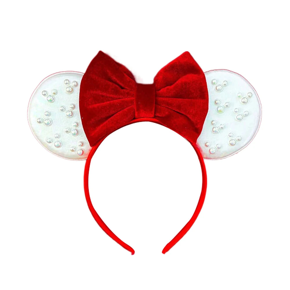 White Pearls Mickey Ears Hair Accessories for Girls Solid Color Soft Cotton Bow Headbands Women Minnie Mouse Hair Accessorie Qme Headband 3