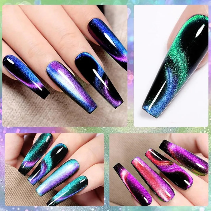 Dual-Color Rainbow Cat Eye Gel Nail Polish, 10ml Magnetic Glitter Gel for Glass Bead Effect, Shimmering Crystal Nail Art Polish Qme