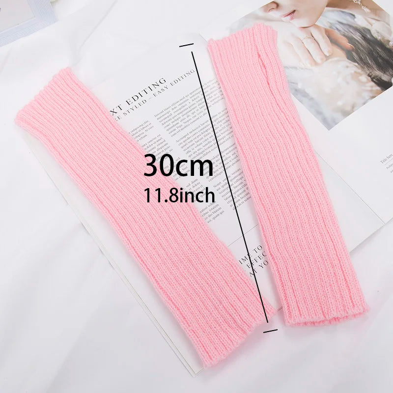 Long Fingerless Gloves Women Mitten Winter Arm Warmer Kawaii Knitted Qme