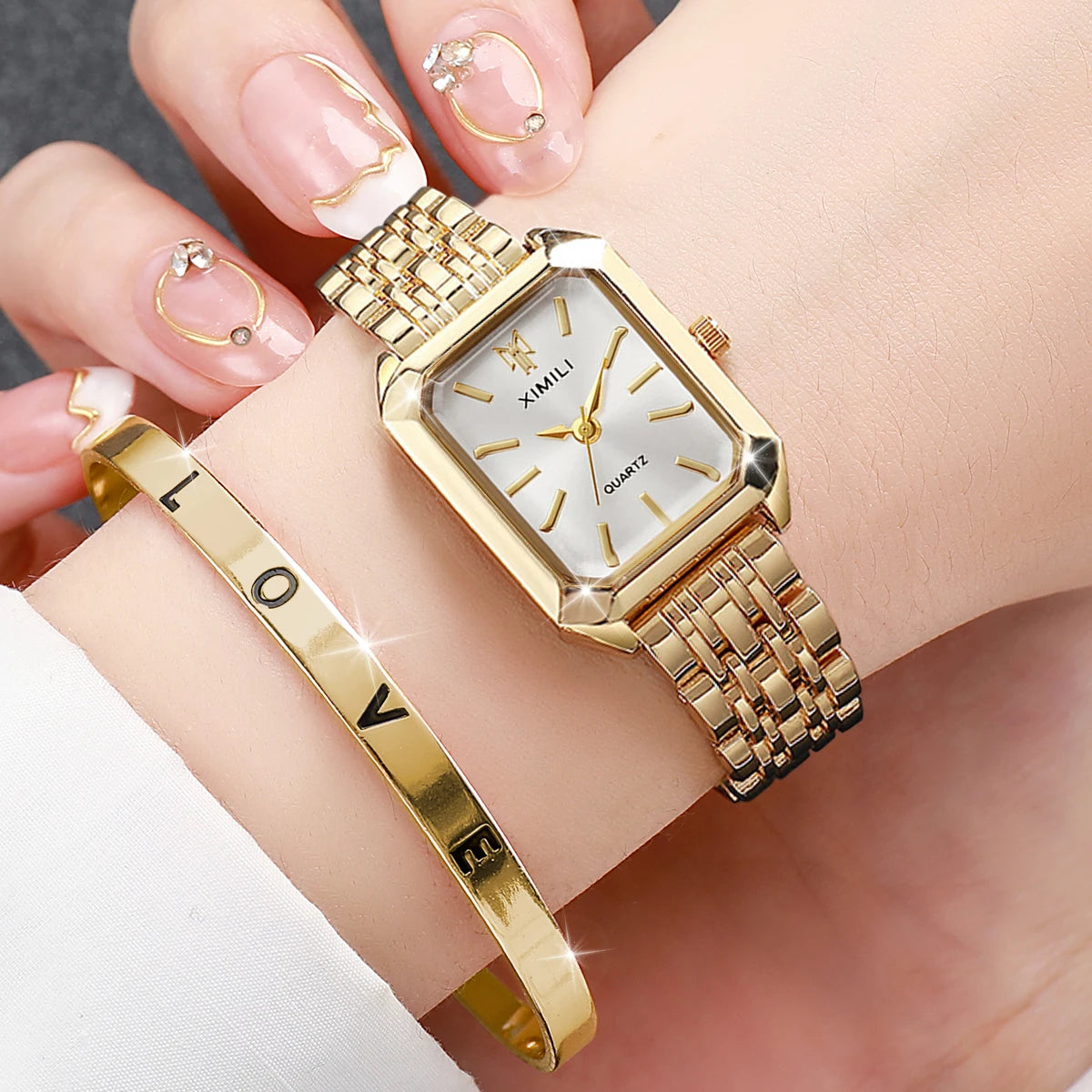 2 Pcs Fashion Women's Watch Bracelet Set Luxury Gold Steel Band Ladies Watches Quartz Watch Mujer Girls Watch Gift Qme 2