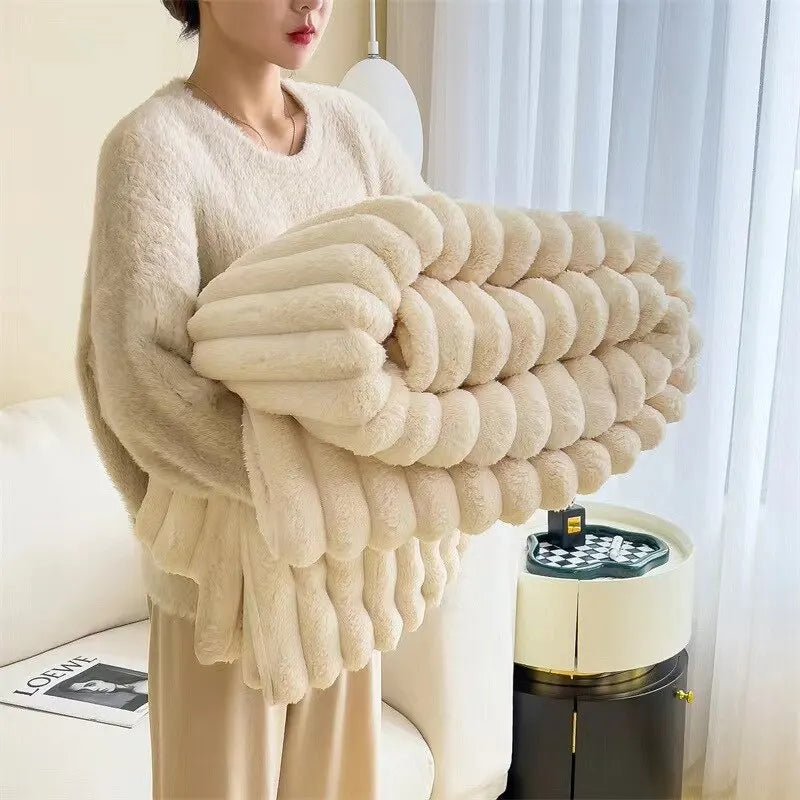Artificial Rabbit Plush Autumn Warm Bed Blanket Soft Coral Plush Sofa Blanket Comfortable Thickened Bed Blanket Qme Beige 180x200cm