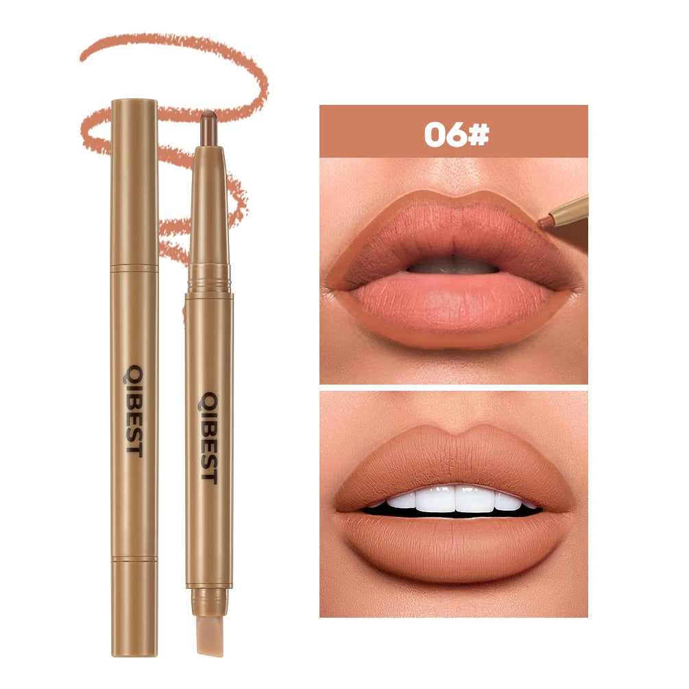 QIBEST Double Head Lip Liner&Brush Pen Makeup Mist Matte Contour Tint Lipstick Pencil 2 In 1 Stick Lasting Nude Black Lipliner Qme 06