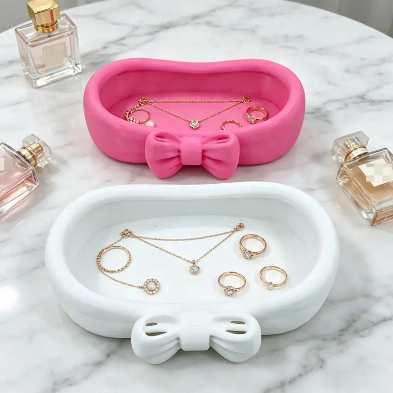 Cute Bow Decor Large Capacity Jewelry Storage Tray Smooth Vanity Dish Qme