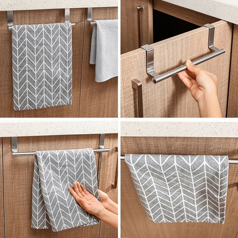 1pc Kitchen Stainless Steel Towel Rack Storage Rack Non-Porous Cabinet Door Back Rag Rack Storage Qme