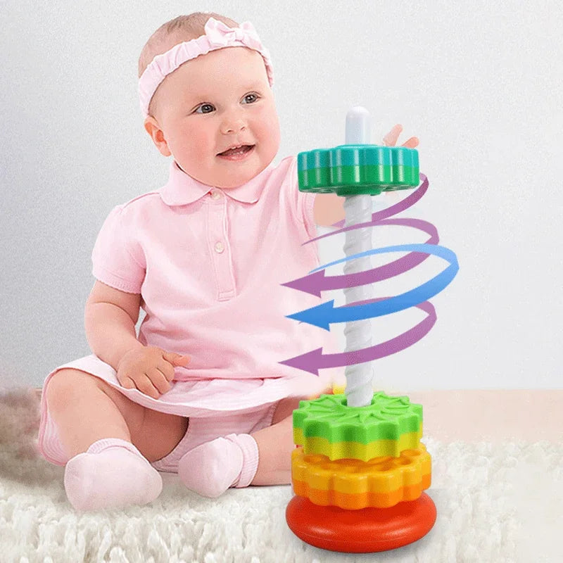 Montessori Rotating Rainbow Tower Baby Stacking Puzzle Toys Safety and Environmental Protection Colored Children's Toys Boy Girl Qme