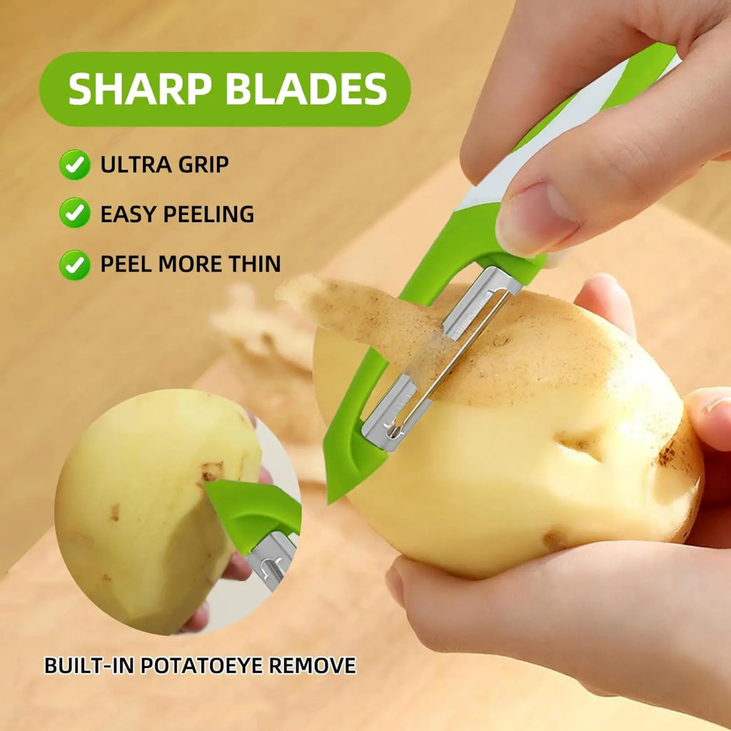 4-in-1 Vegetable Peeler for Peeling, Slicing, and Chopping Vegetables, with Rotating Stainless Steel Blades Qme