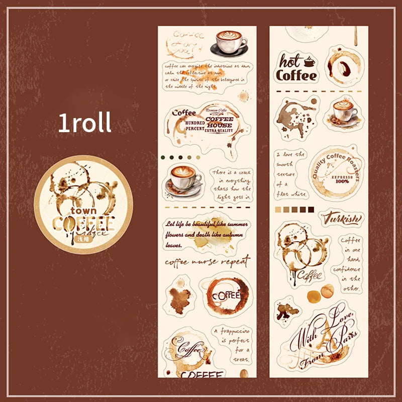 Vintage Coffee Themed PET Washi Tape, Aesthetic Decor for Junk Journals, Notebooks & DIY Art Crafts Qme C