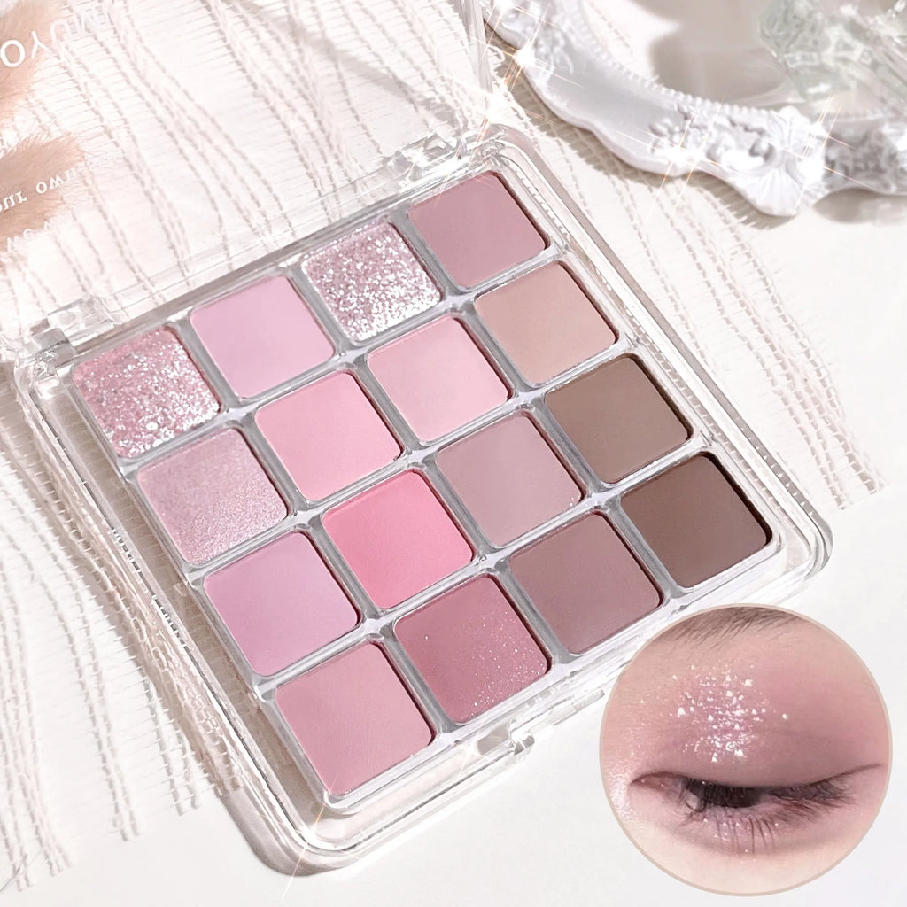 16 color eyeshadow palette - Glitter, matte and shimmer finish in gentle fall and winter tones of blue, brown, coral and pink Qme