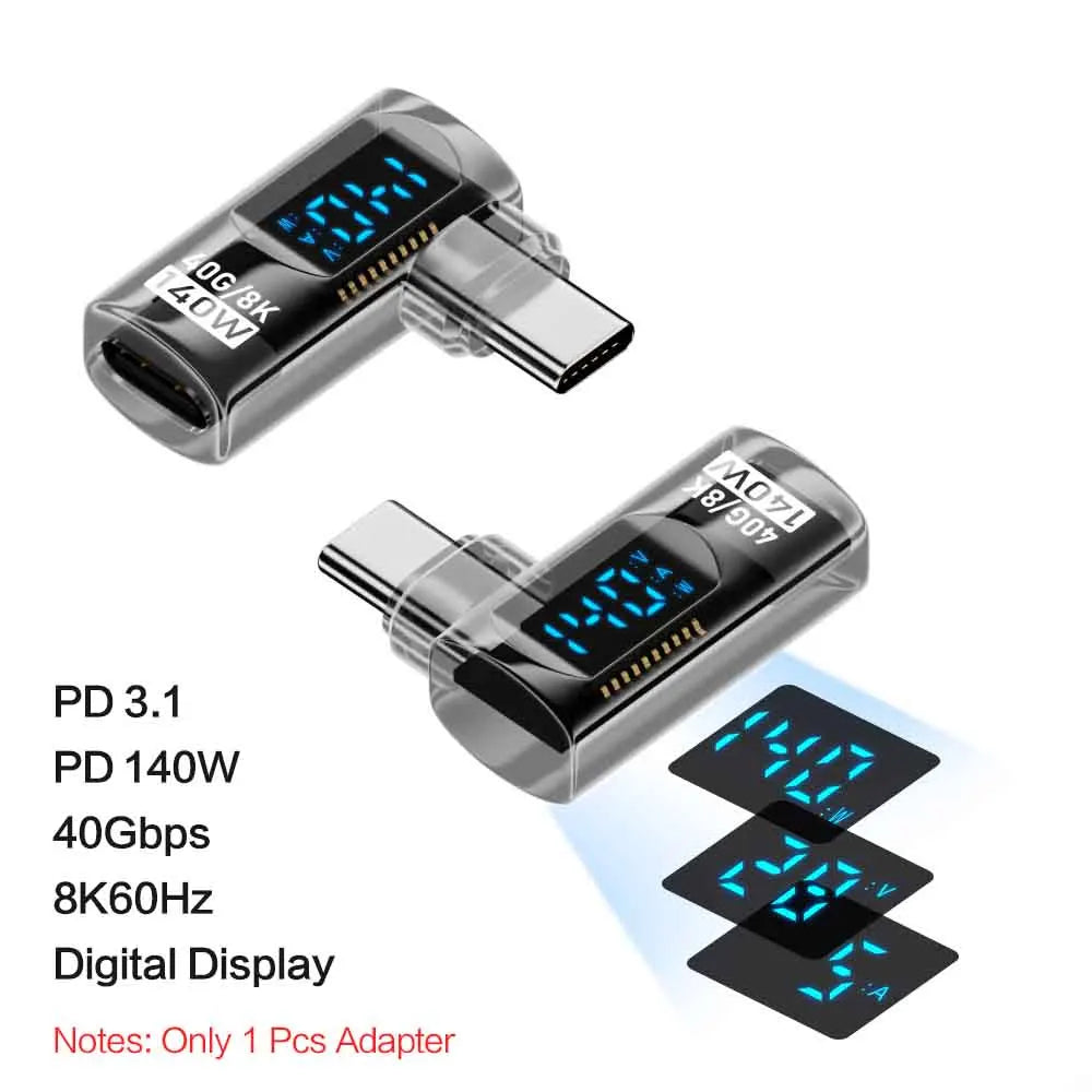 USB 4 Type C Adapter 40Gbps 140W 90 Degree USB C Adapter for Thunderbolt 4 3 Cable Connector Right Angle U Shape Digital Display Qme black Transparent CW