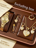 Luxury 6 In 1 Two-Tone Heart Rhinestone Watch Necklace Earrings Ring Bracelet Set Qme Rose