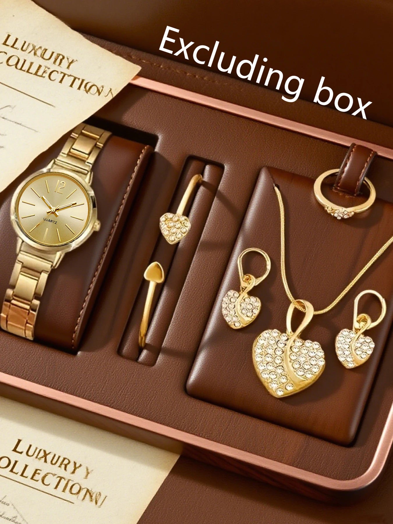 Luxury 6 In 1 Two-Tone Heart Rhinestone Watch Necklace Earrings Ring Bracelet Set Qme Rose