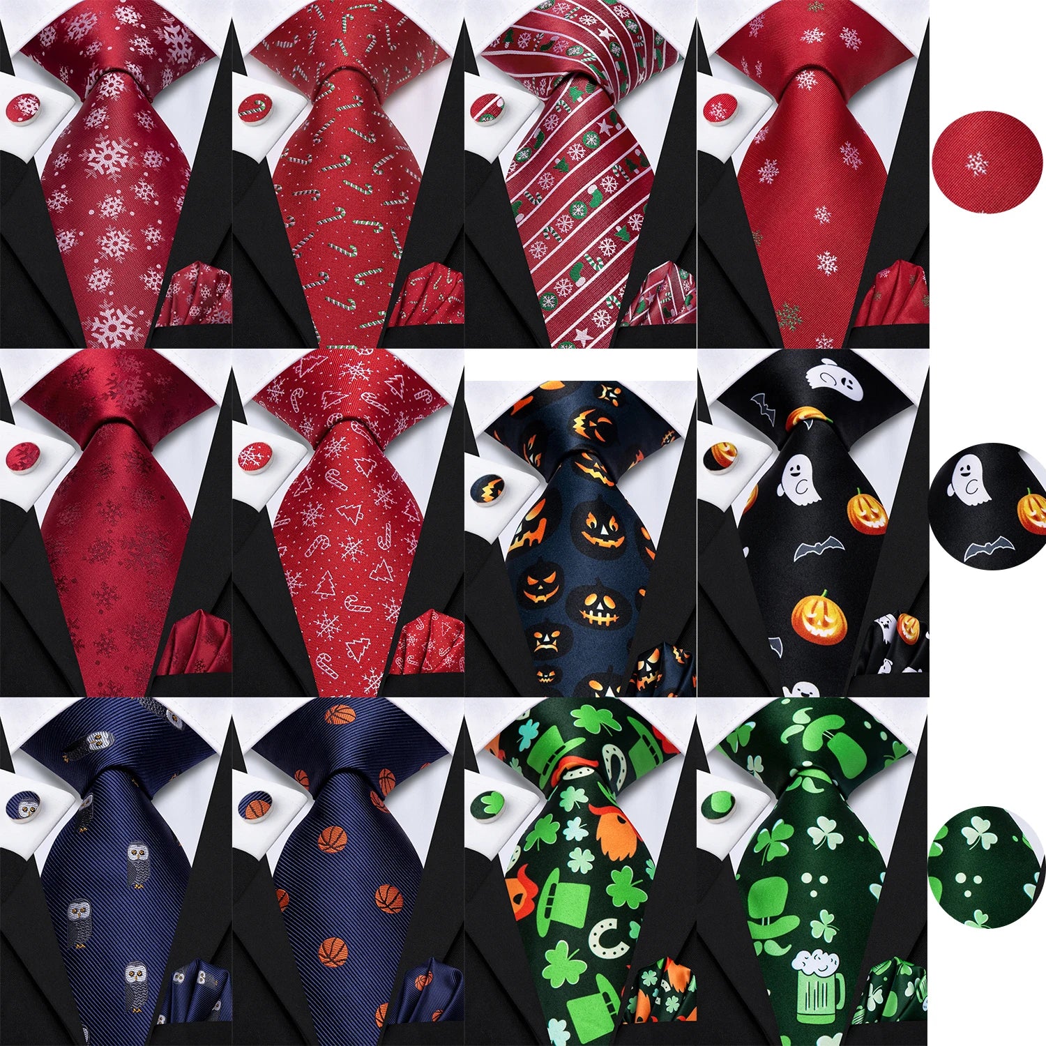Hi-Tie Festival Xmas tie 8.5cm Men's Handkerchief Cufflinks Set Designer Halloween Cartoon Party Accessories Gift for Men Qme