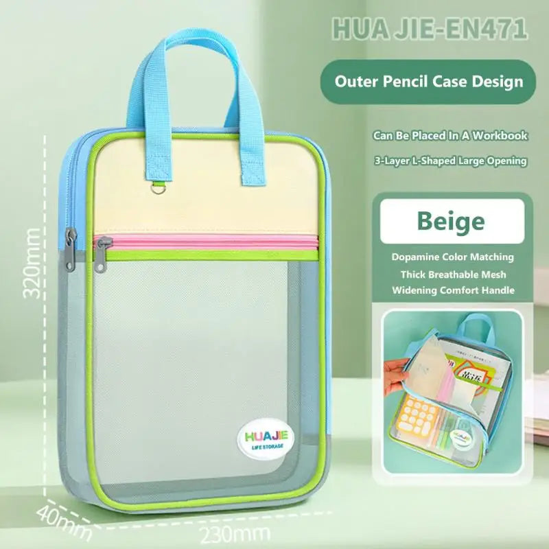 Student Handheld File Bag Dopamine Tote L-shaped Zipper Mesh Folder Qme A9