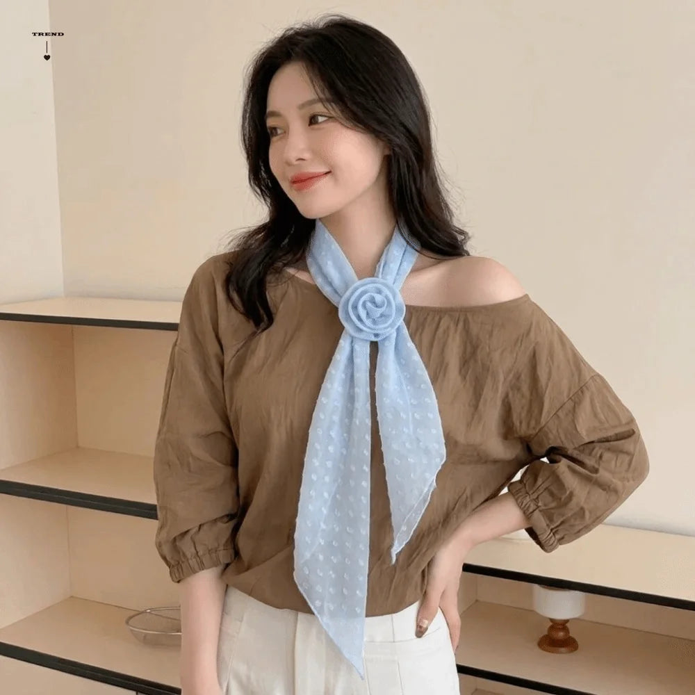 Bow Ties Polka Dots Scarf Thin Cravat Flower Long Silk Scarf Hair Band Narrow Long Ribbon Scarves Qme