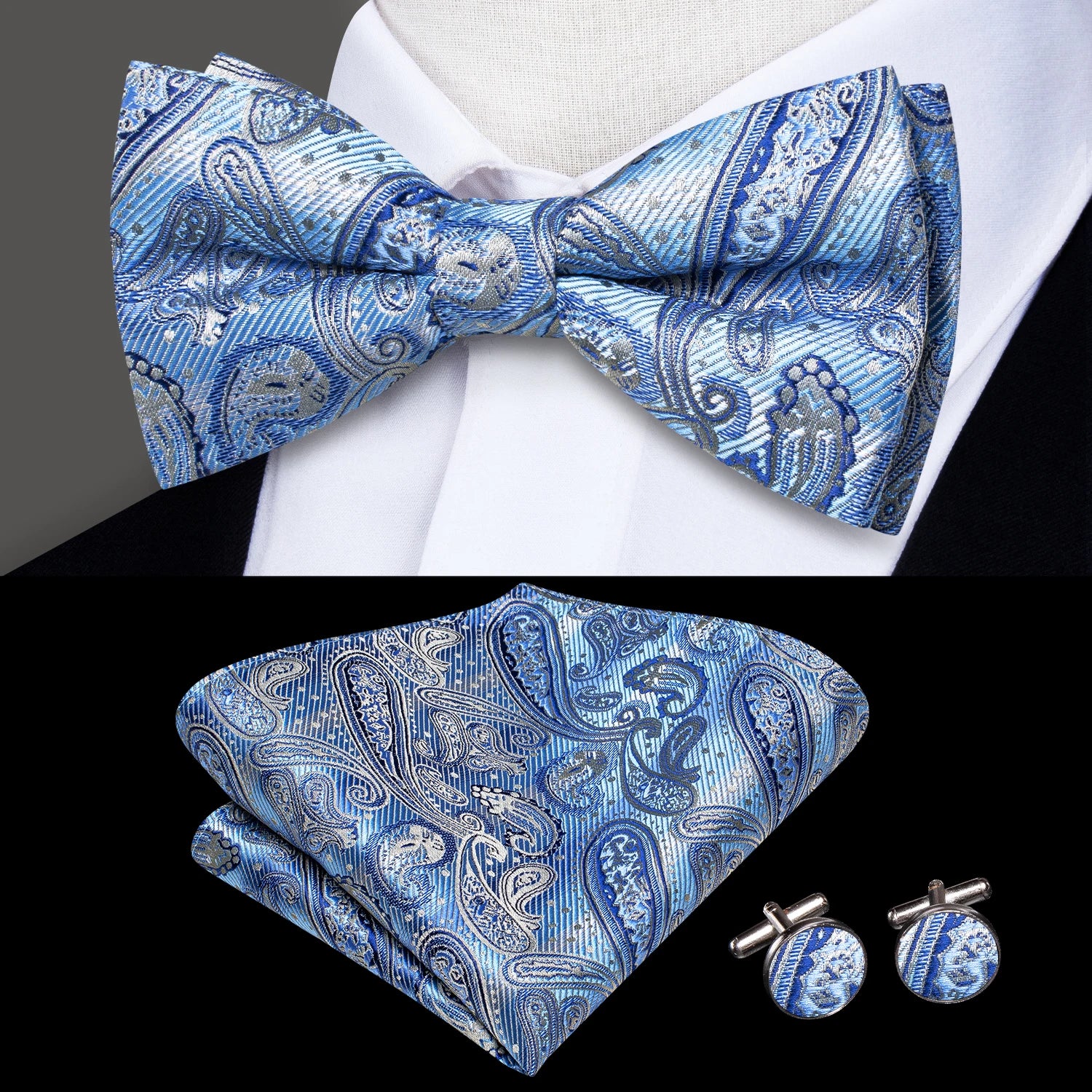 Hi-tie Grey Plaid Jacquard Pre-tied Mens Bow Tie Hanky Cufflinks