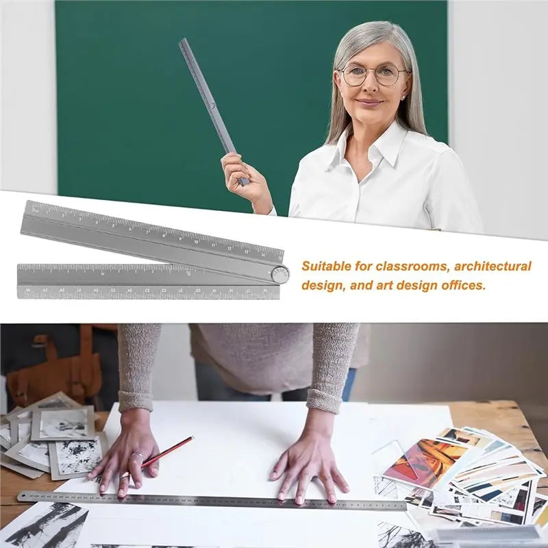 A02F-Aluminum Alloy 2Pcs 30Cm Folding Straight Ruler, Metric Protractor For Office And Art Qme