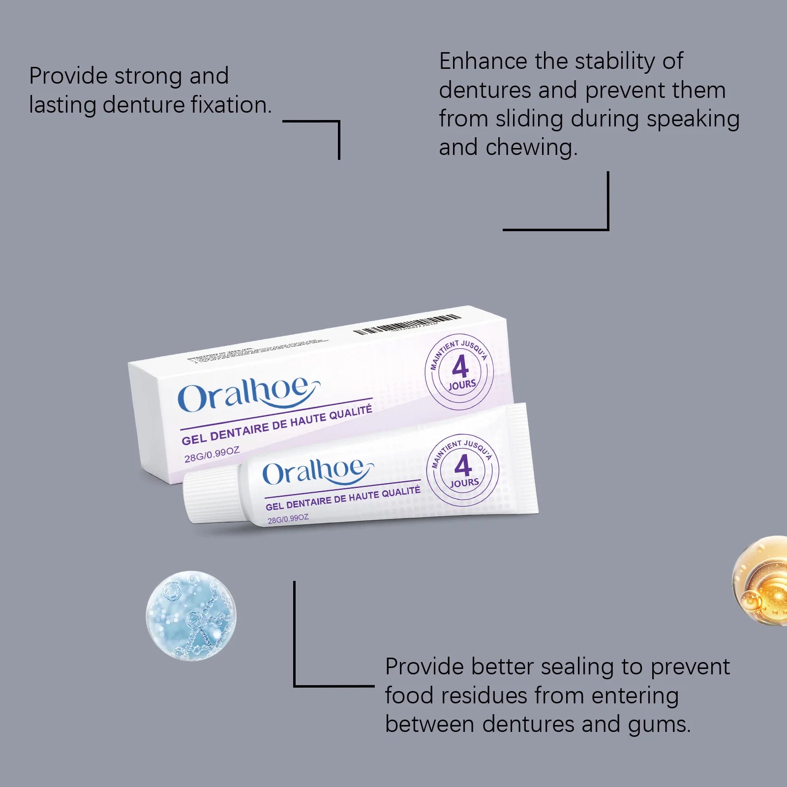 Oralhoe Denture Adhesive Long Lasting Fixation Denture Glue for False Teeth Denture Care Comfortable Portable Denture Fixing Gel Qme