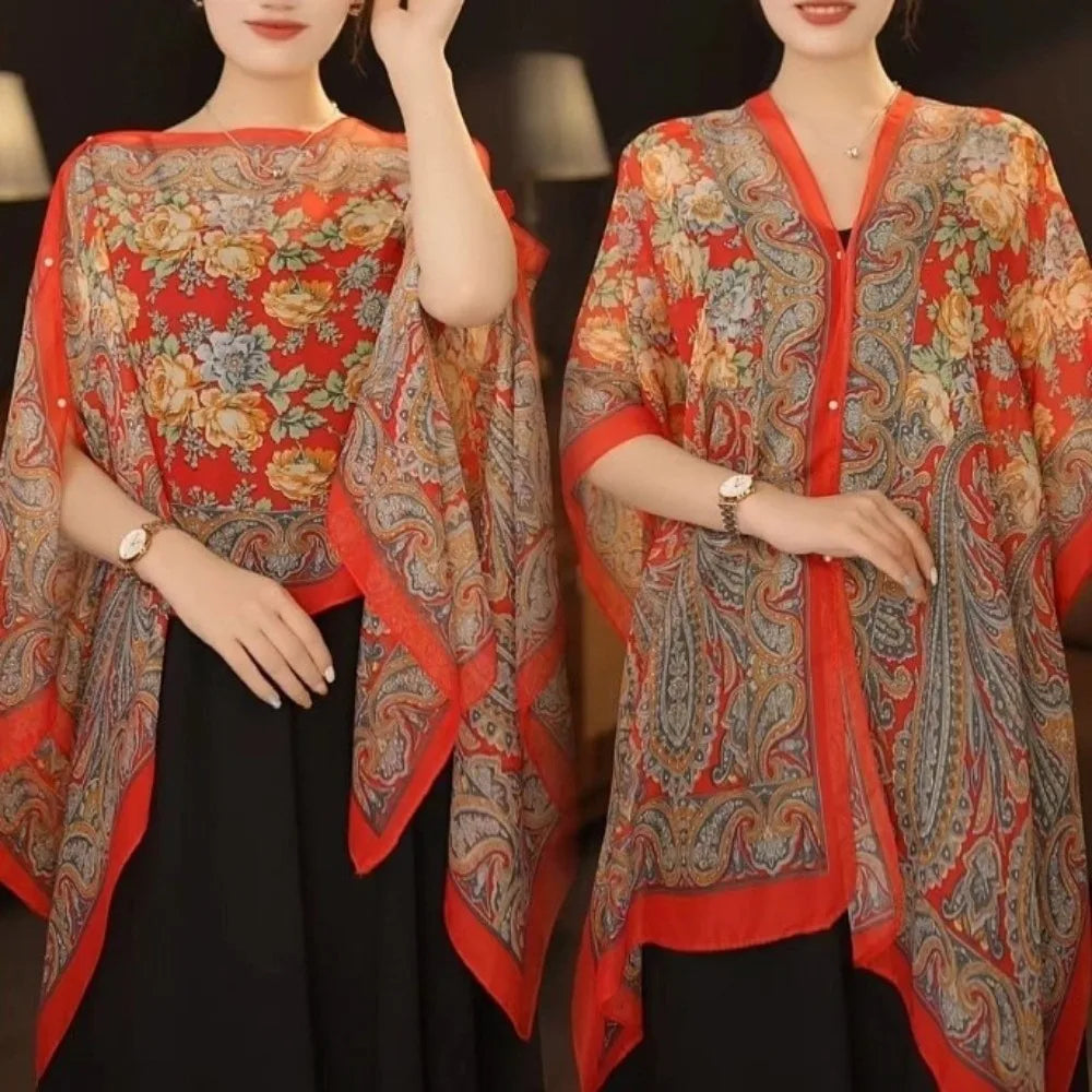 Multifuctional Breathable Shawl Flower Pattern Long Length Sun Protection Shawl Lightweight Breathable Fabric Chiffon Scarf Qme