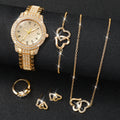 6PCS Full Diamond Roman Literal Steel Strip Watch Starry Sky Charm Business Quartz Watch Hip Hop Style Full Diamond Watch Set Qme 6PCS Set Without Box