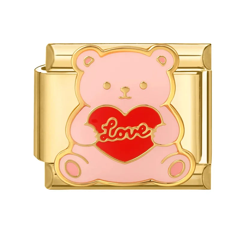 Gold Color Red Love Heart Bear Coconut Tree Pink Flowers Italian Charm Links Stainless Steel Fit 9mm Bracelet Making DIY Jewelry Qme Style 6