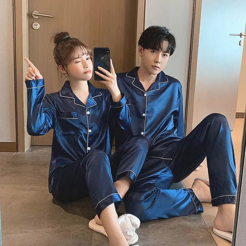B Solid Color Sleepwear Silk Satin Pajamas Couple Set Long Sleeves Pyjamas Suit Pijama Women Men Loungewear Plus Size Pj Set Qme