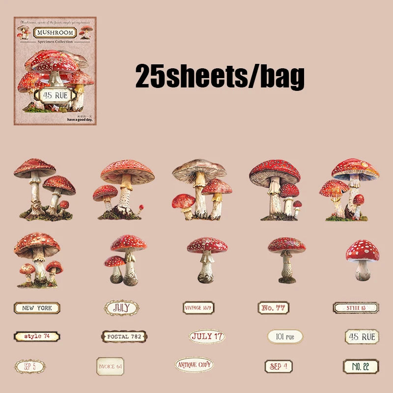 25 Sheets/Pack Vintage Mystical Mushroom Stickers for DIY Crafts Scrapbooking Phone Case Planner Journal Decoration Qme 1