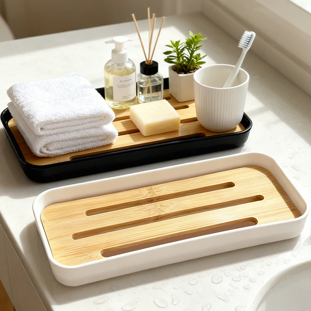 Bamboo Soap Dish Bottles Holder Tray Removable Countertop Drain Tray Candle Perfume Jewelry Organization Bathroom Vanity Tray Qme