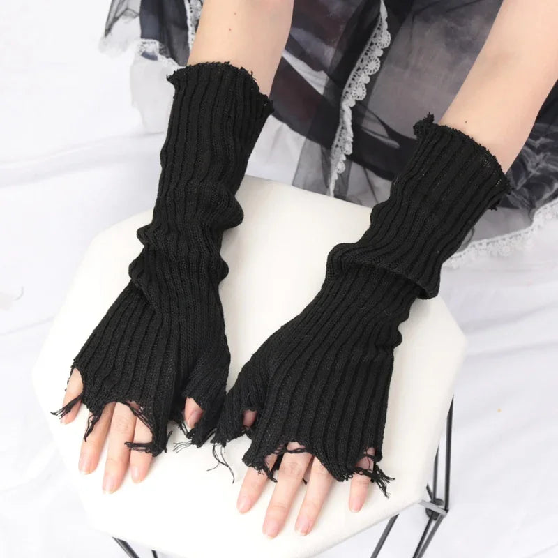 1Pair Punk Broken Unisex Gloves Knitted Ripped Oversleeves Warm Arm Qme black Length-33cm