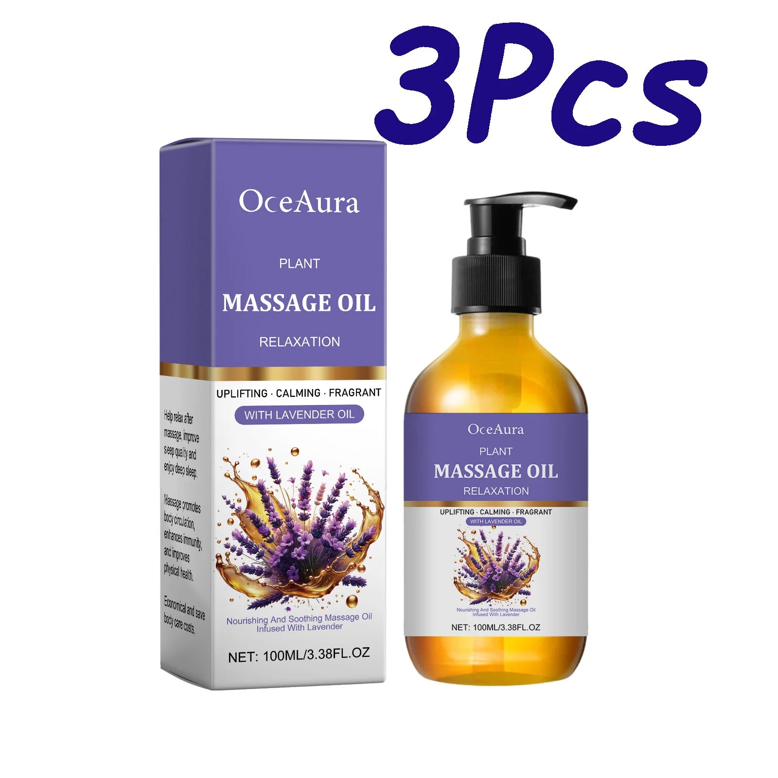 Lavender Essential Oil Moisturizing Body Skin Smoothing Soft Stress Relief Muscle Sore Help Sleep Spa Relaxing Massage Oil Qme 3 x 100ml Boxed