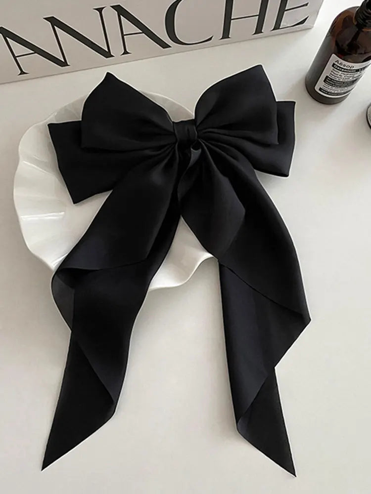 Elegant Bow Ribbon Hair Clip Fashion Simple Solid Satin Spring Pin Qme