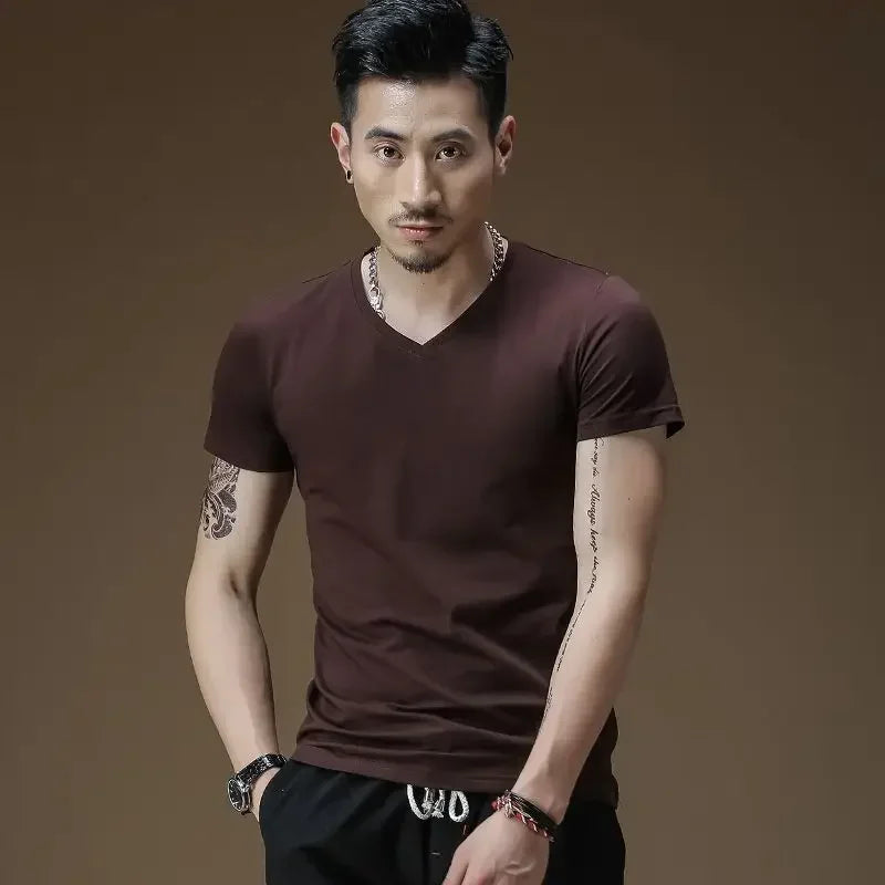 Plain Cotton Gym T-shirt Men Summer Fitness Clothing V-Neck Short Sleeve T Shirt Summer Comfortable Breathable Versatile Top Qme KF XXL