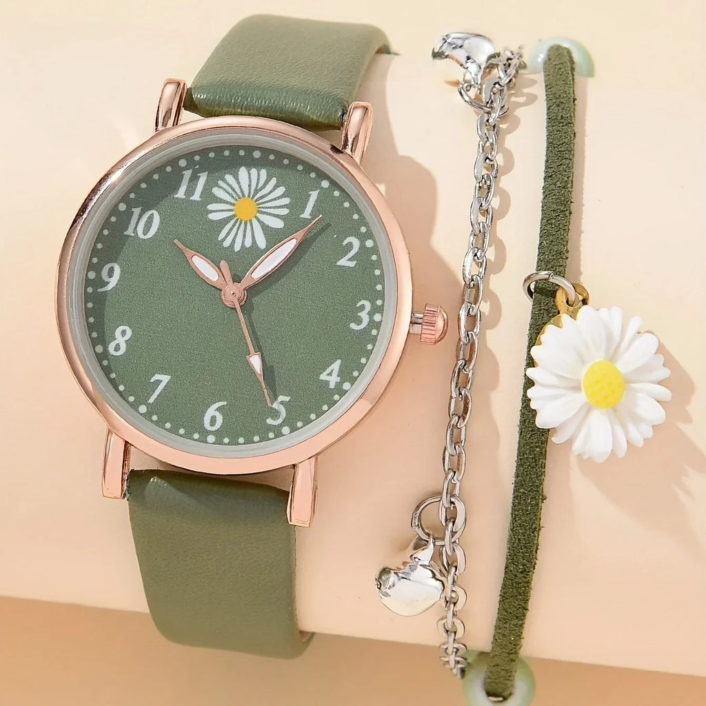 1pc Round Pointer Quartz Watch Cute Daisy Charm Electronic Wristwatch With PU Leather Strap & 1pc Bracelet, Best Gift For Her Qme green No