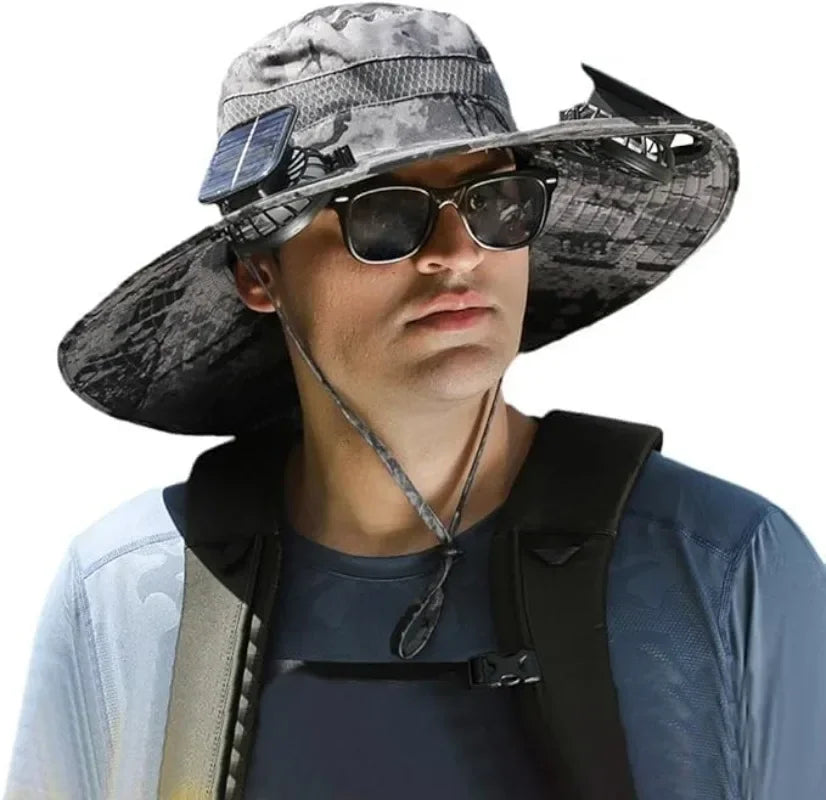 Solar Fan Bucket Hat Lightweight Breathable Wide Brim for Beach Gardening Hiking Rechargeable Via Sun or USB Cable for Men Women Qme Camouflage Gray