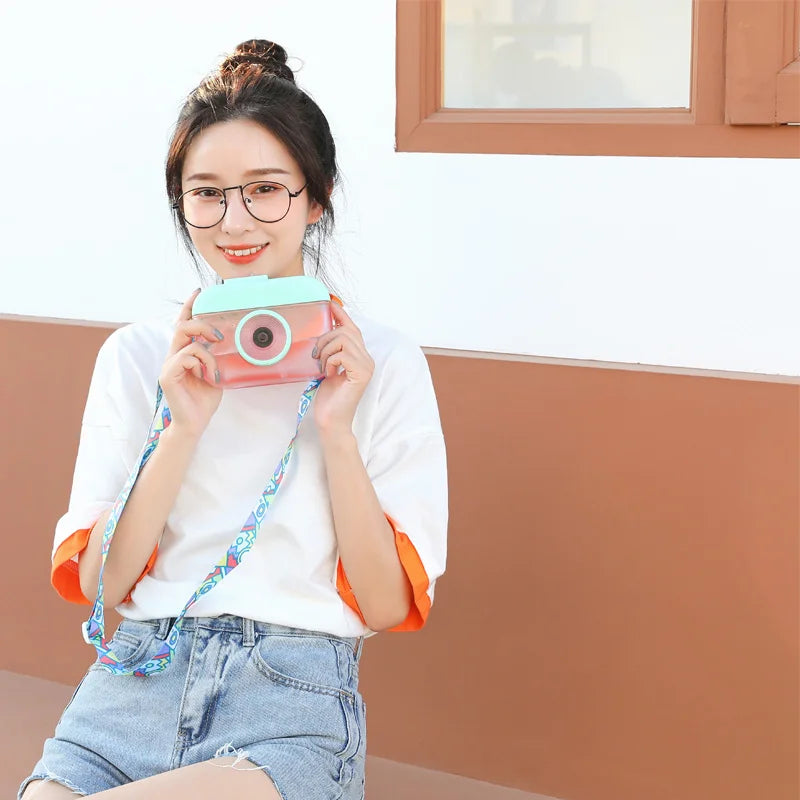 Cute Camera Shaped Kids Plastic Sippy Cup Strap Portable Outdoor Qme pink