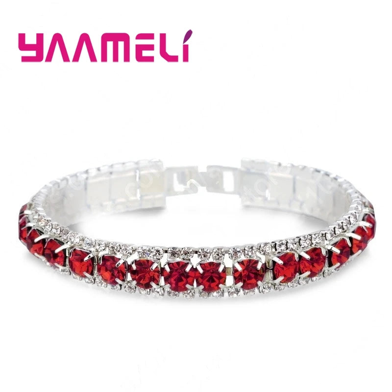 Top Sale 925 Sterling Silver Color Bracelet Full AAA Zircon Austrian Crystal Femme Women Link Chain Jewelry Bangles 14 Colors Qme Red
