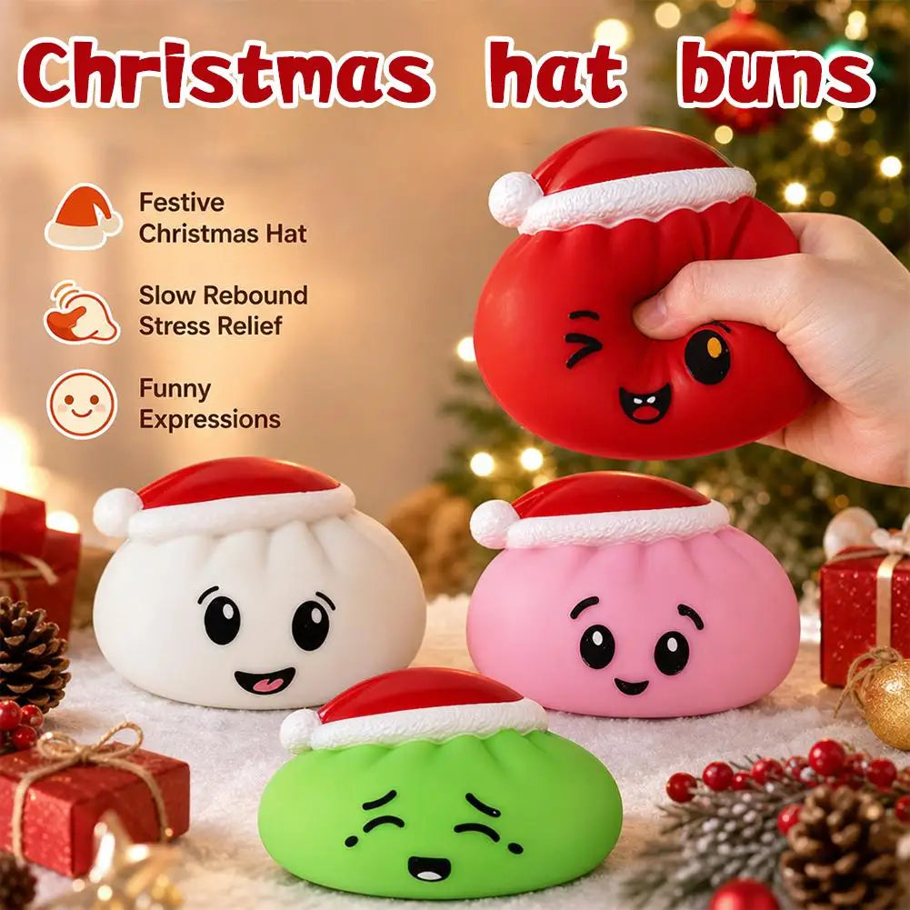 Christmas Hat Bun Squishy Toy Stress Relief Squeeze Funny Sound PVC Qme