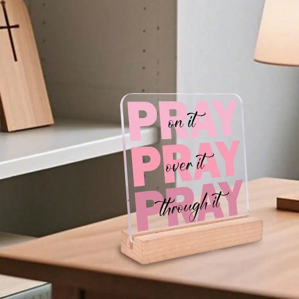 Reflect Pray Acrylic Table Plaque Wood Stand Motivational Room Qme