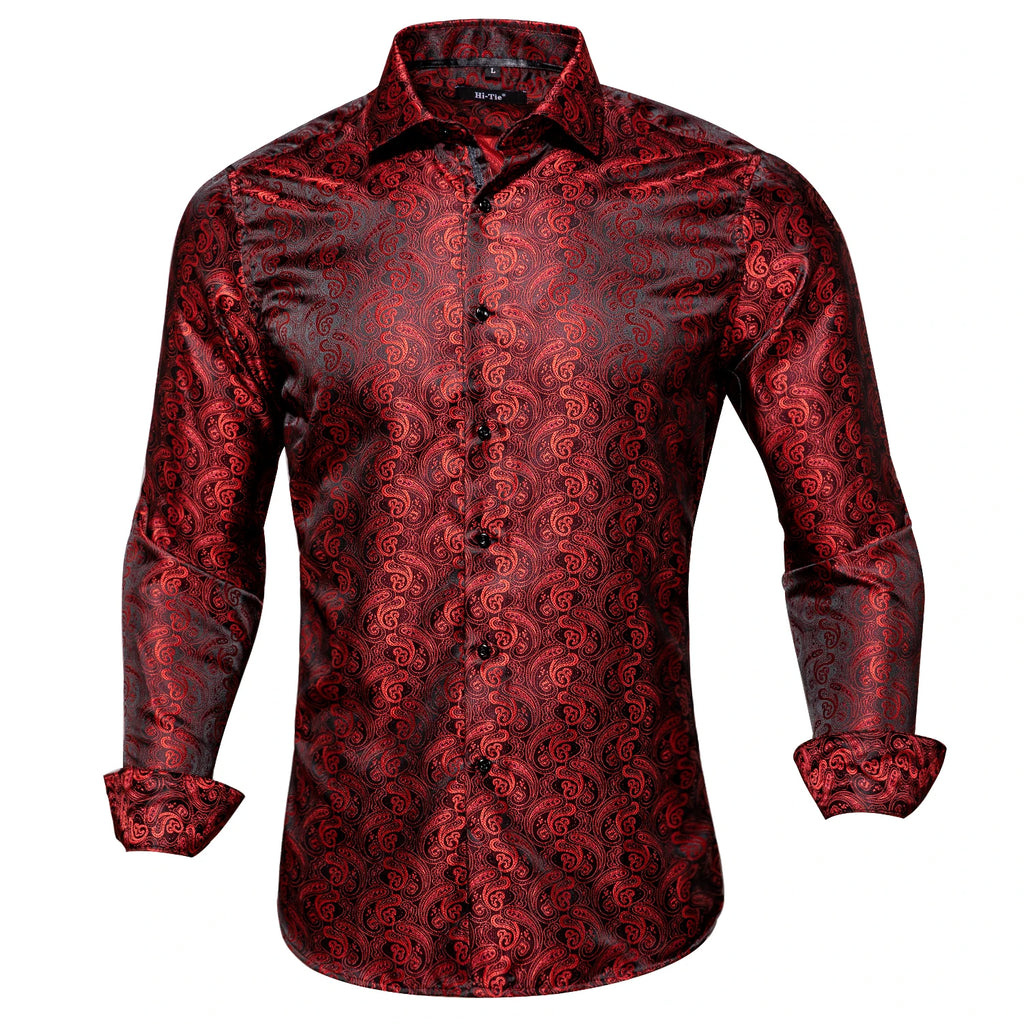 Hi-Tie Spring Autumn Mens Shirts Silk Red Black Paisley Suit Turndown Collar Shirt Casual Formal for Male Wedding Business Gifts Qme