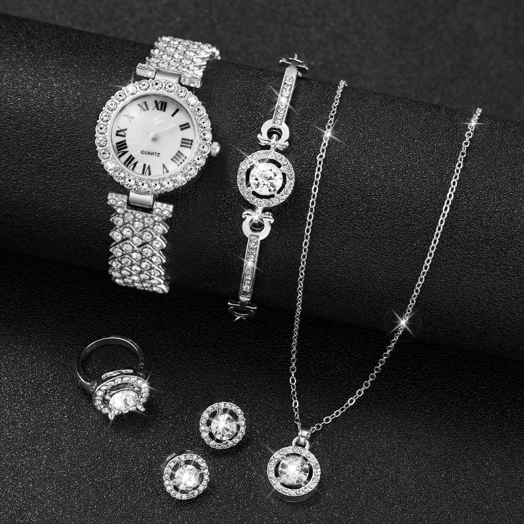 6PCS/Set Luxury Rhinestone Women's Watch Silver Band Ladies Roma Dial Quartz Watch Jewelry Set（Without Box） Qme