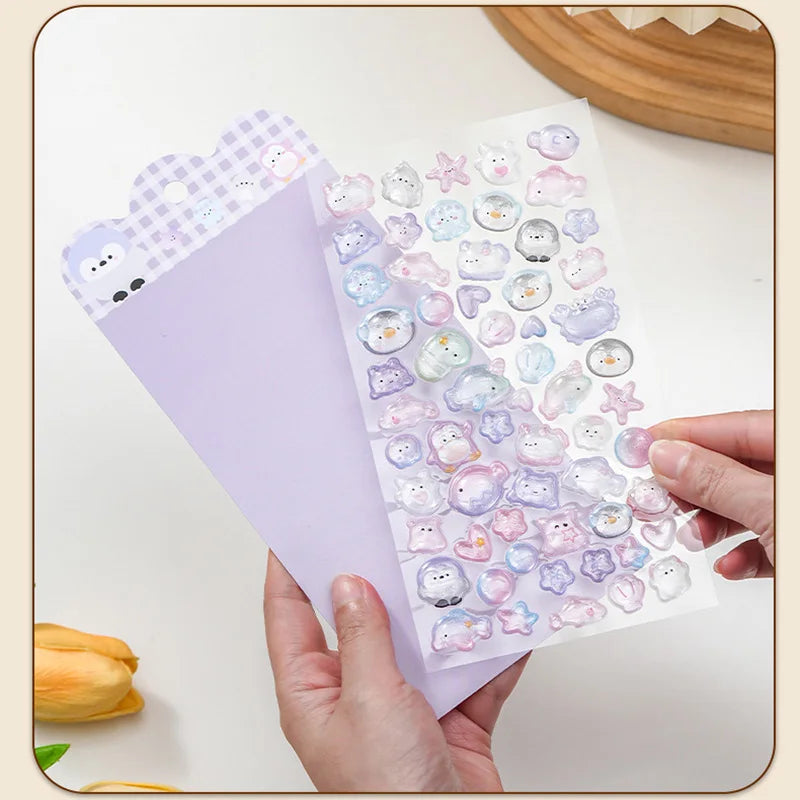 Cute Cartoon Animal 3D Solid Clear Crystal Embossed Stickers for DIY Scrapbook Phone Case Decoration Birthday Gift Reward Qme